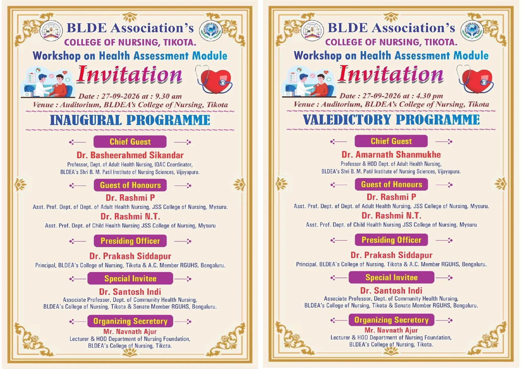 Workshop on Health Assessment Module - Inaugural and Valedictory Invitations